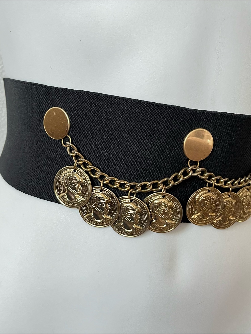 Vintage Coin Black Wide Elastic Cinch Belt Womens S/M Retro - Picture 2 of 7